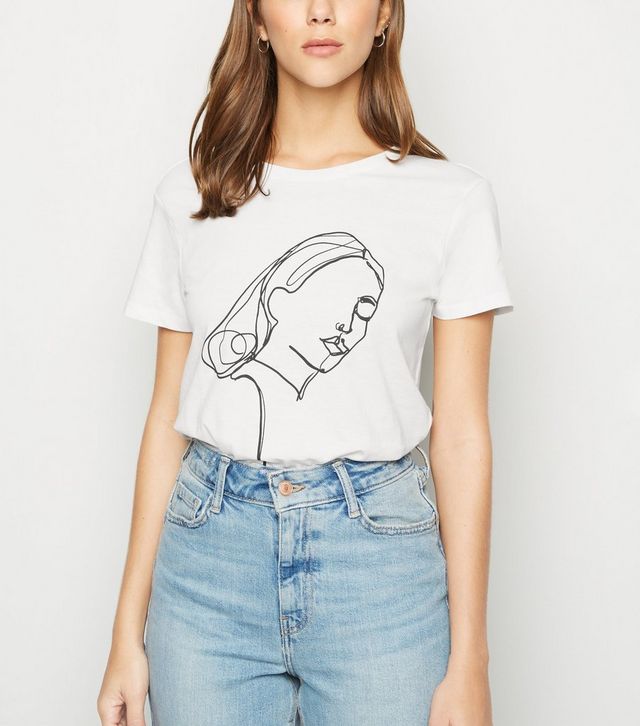 JDY – Weißes T-Shirt mit Skizzenmotiv