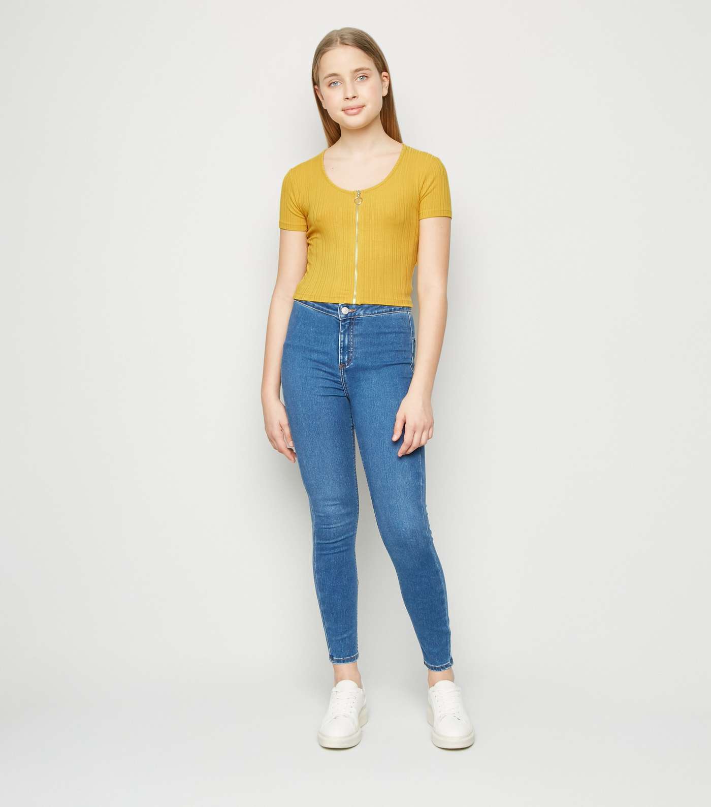 Girls Mustard Ribbed Zip T-Shirt Image 2