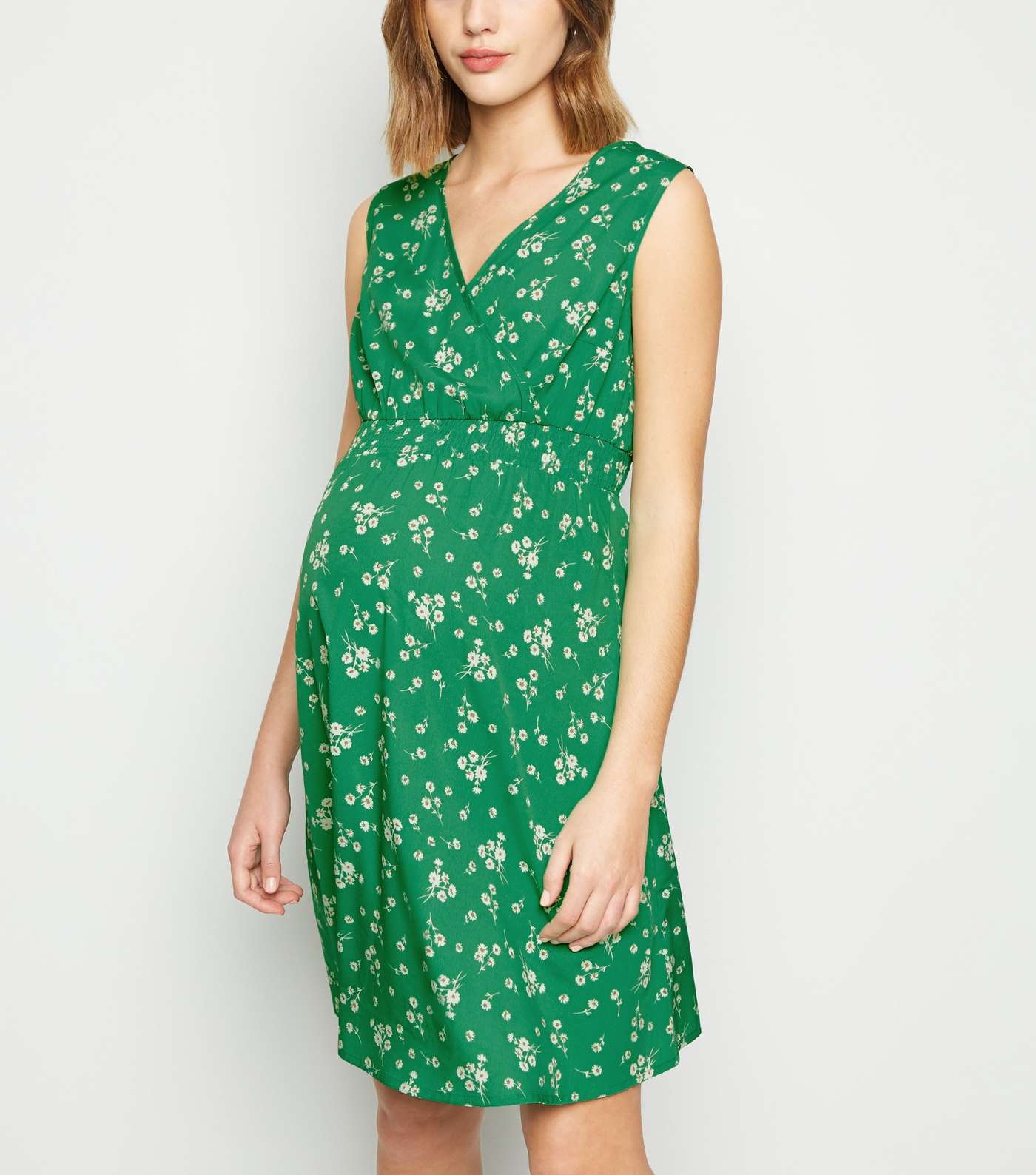 Maternity Green Floral Shirred Waist Dress