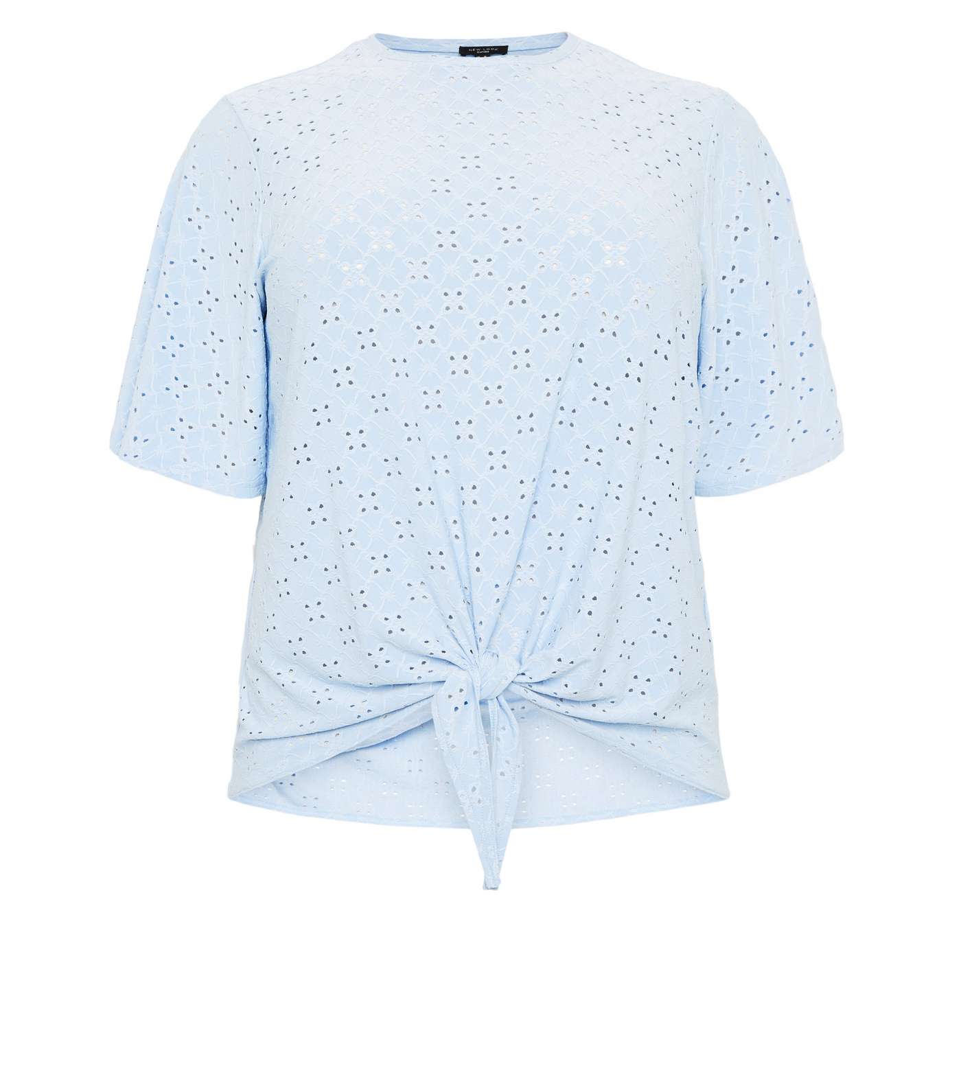 Curves Pale Blue Broderie Tie Front T-Shirt  Image 4
