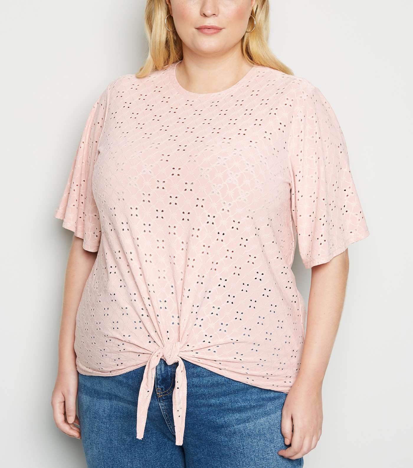 Curves Pink Broderie Tie Front T-Shirt 