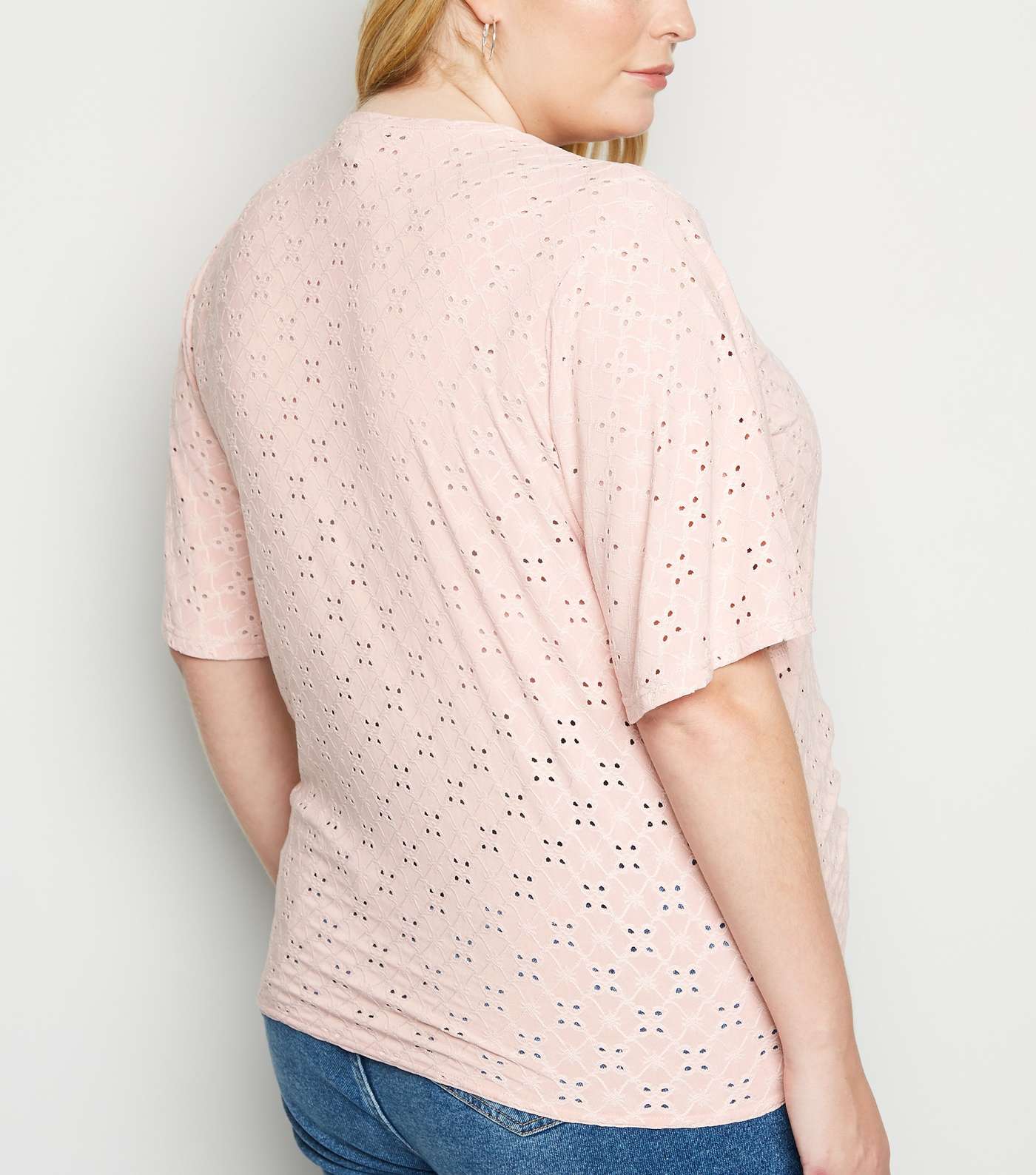 Curves Pink Broderie Tie Front T-Shirt  Image 3