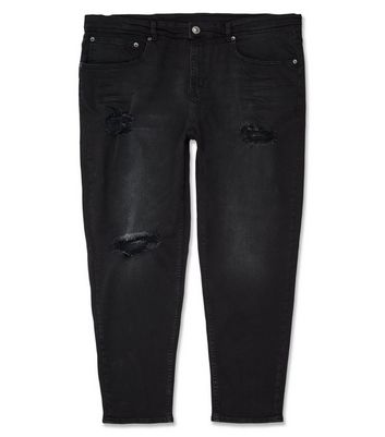Image of Plus Size Black Ripped Tapered Jeans New Look