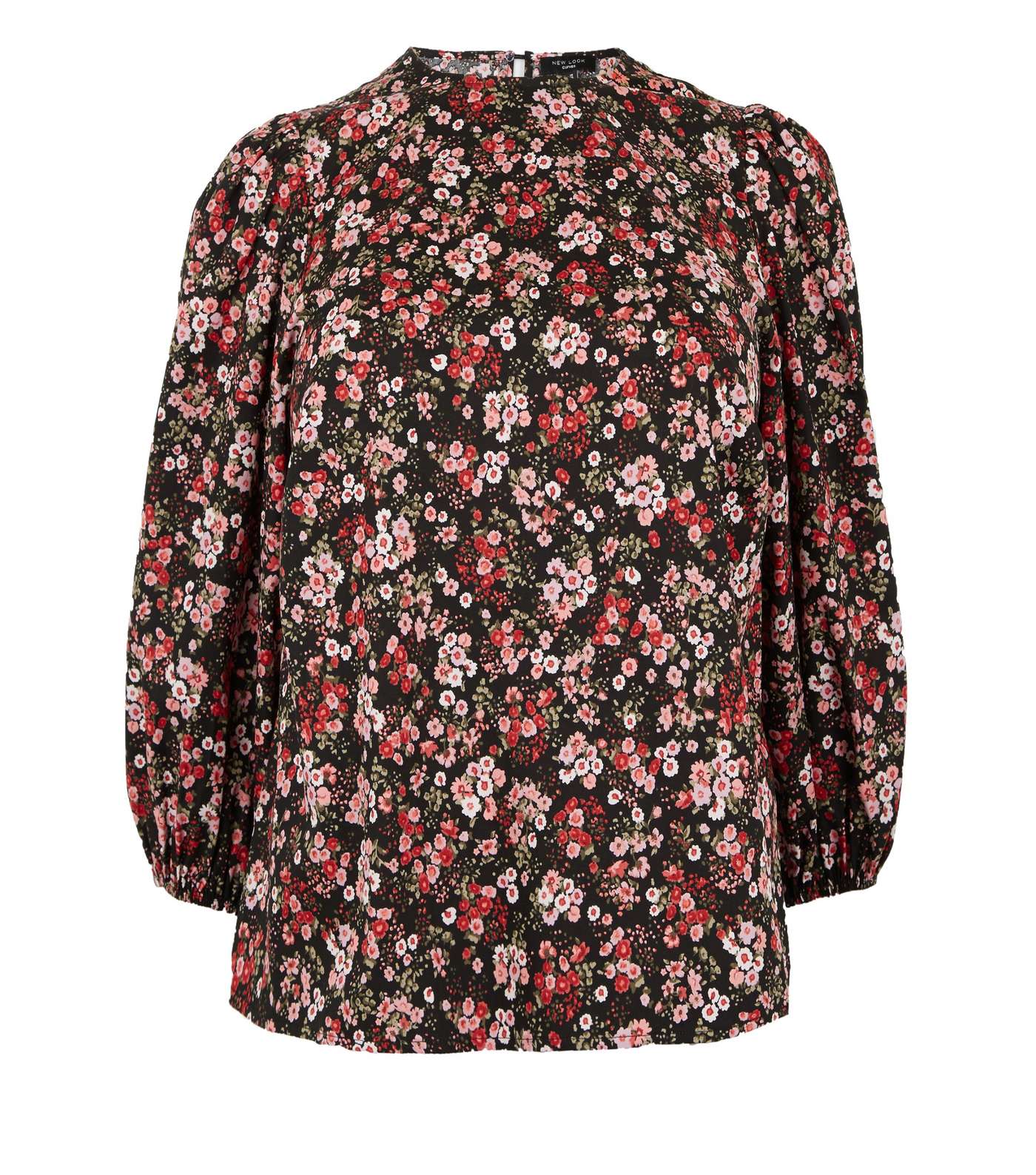 Curves Black Floral Puff Sleeve Top Image 4