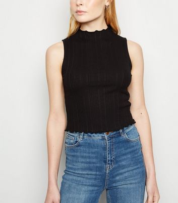 Black Ribbed Frill High Neck Top | New Look