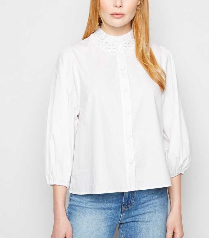 White Poplin Crochet Collar Puff Sleeve Shirt