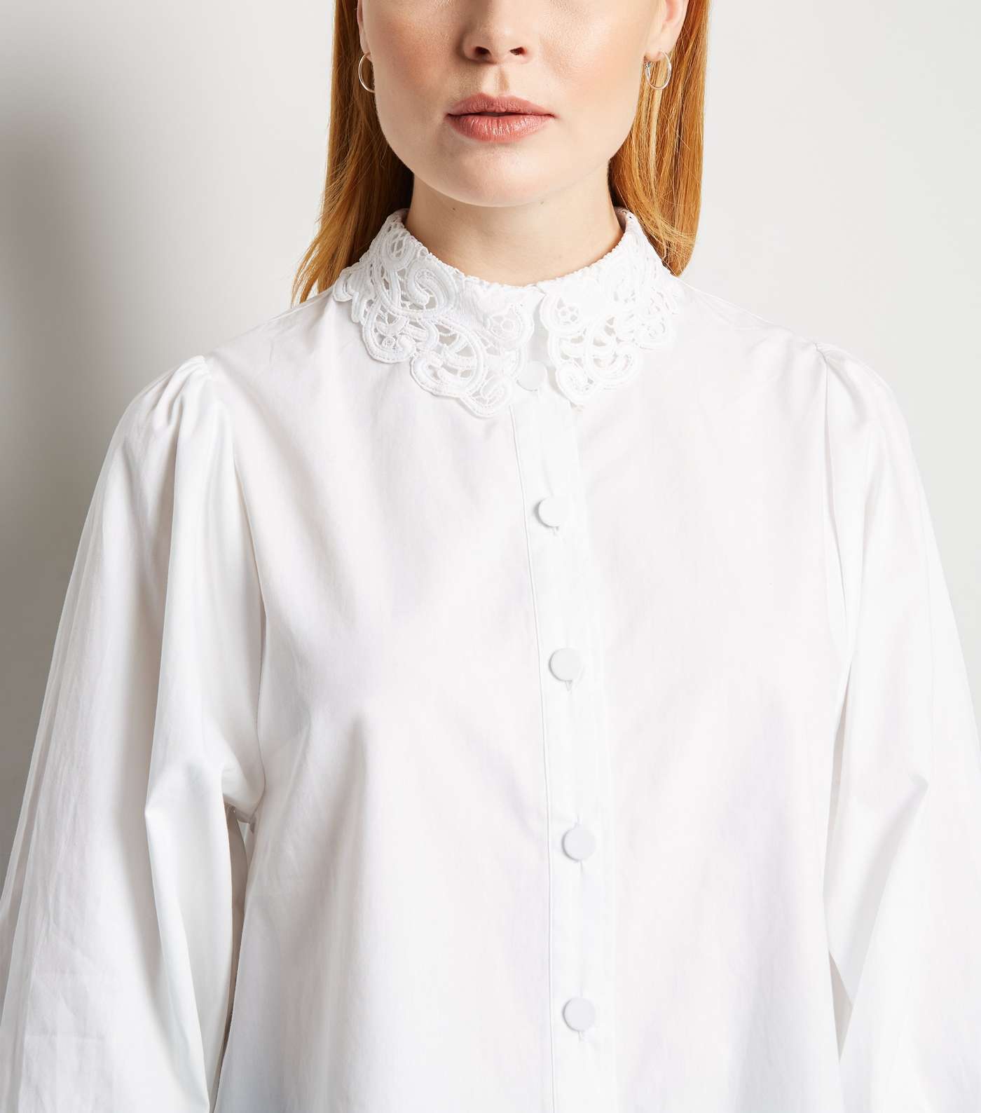 White Poplin Crochet Collar Puff Sleeve Shirt Image 5