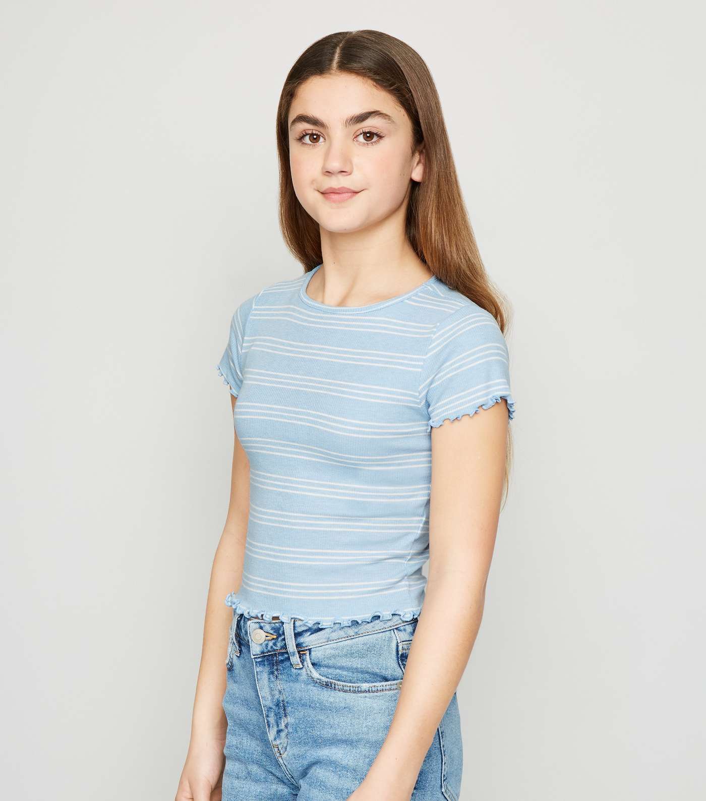 Girls Blue Stripe Frill Trim T-Shirt