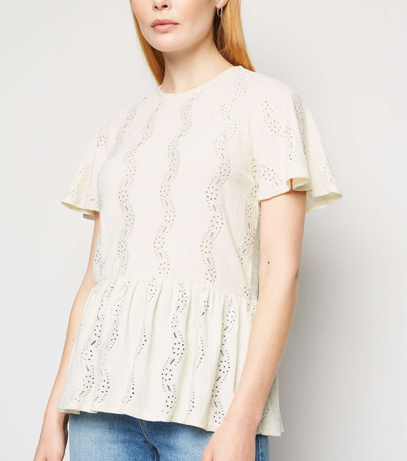 Off White Broderie Textured Peplum Top Image 5