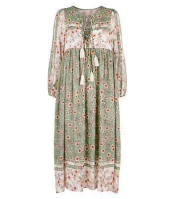Image of Blue Vanilla Mint Green Floral Tie Midi Dress New Look