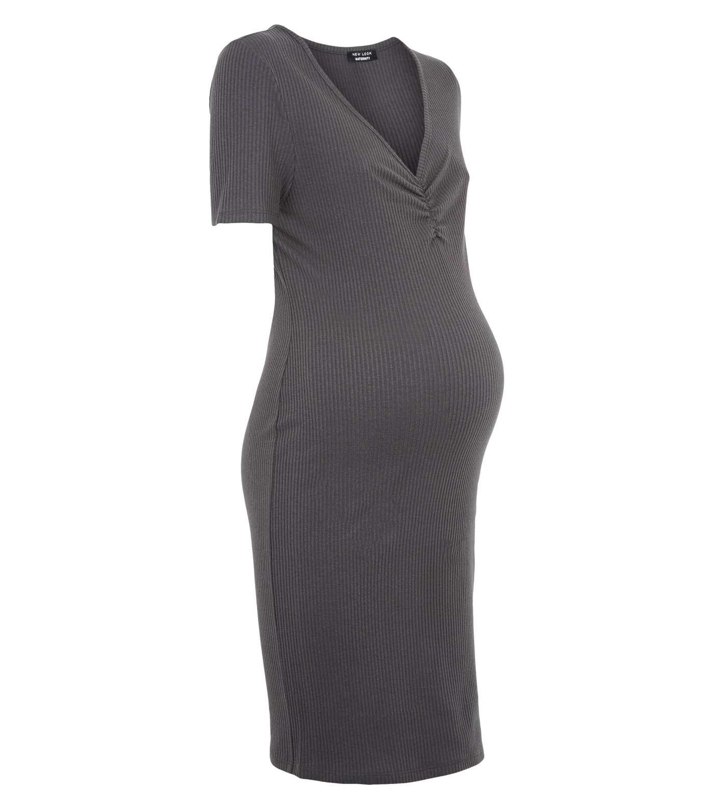 Maternity Dark Grey Ribbed Ruched Dress Image 4