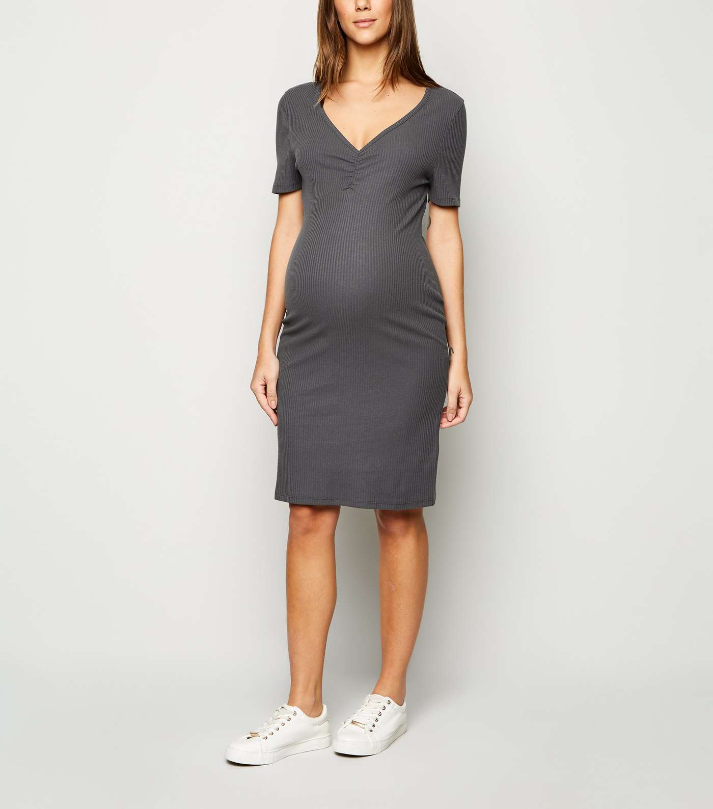 Maternity Dark Grey Ribbed Ruched Dress Image 2