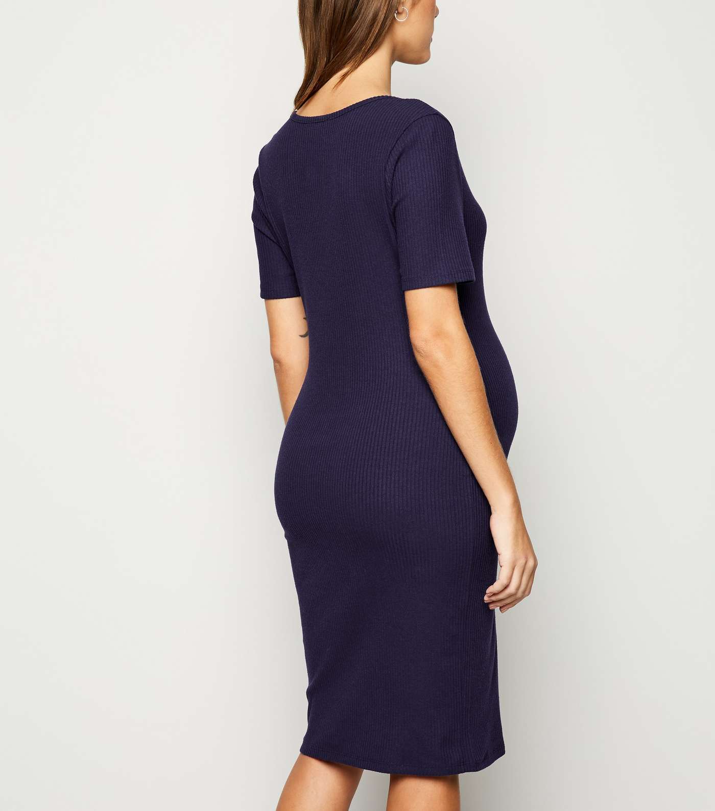 Maternity Navy Ribbed Ruched Dress Image 3