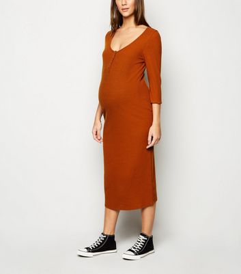 Maternity Rust Popper Front Ribbed Midi 