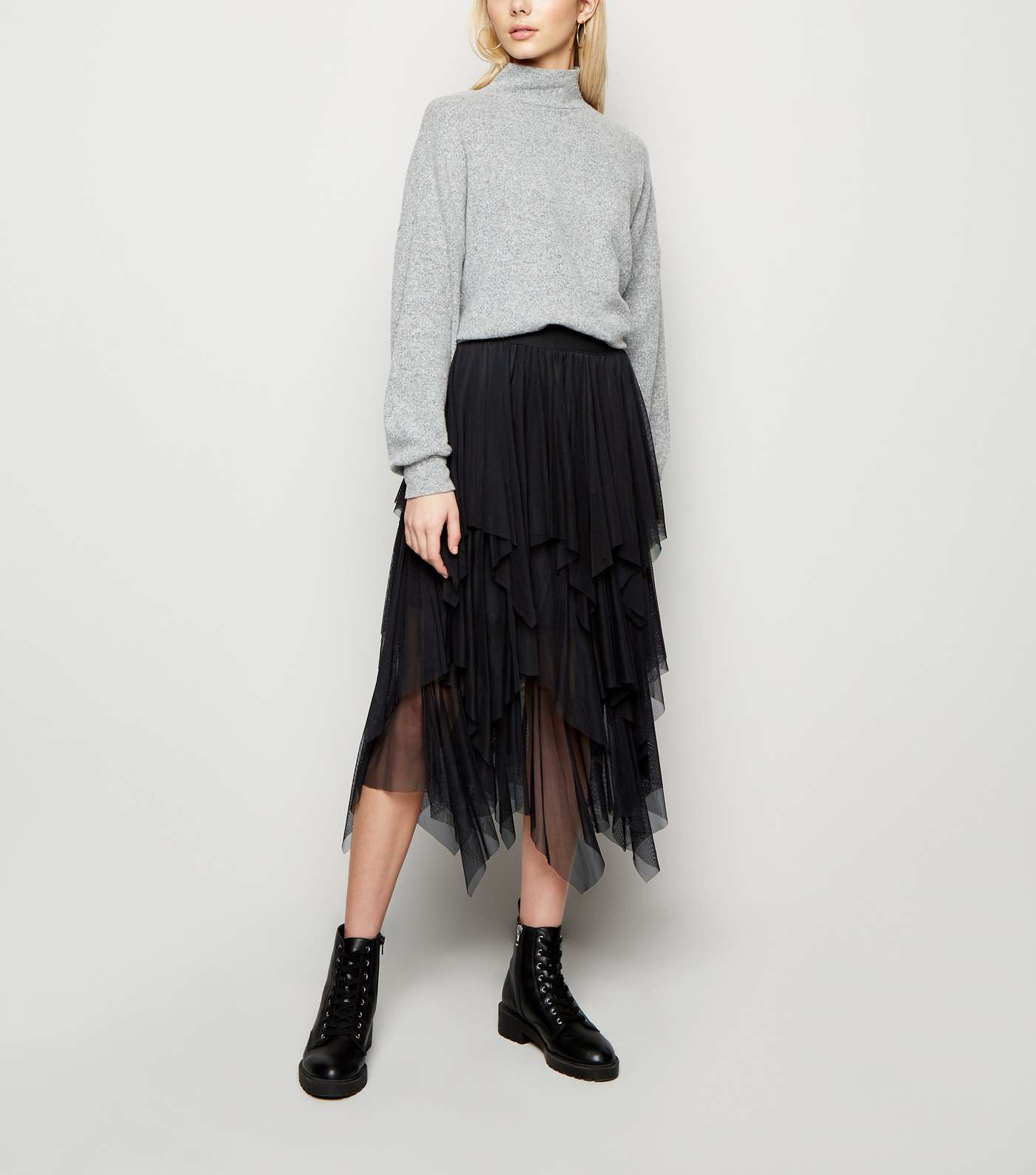 Black Mesh Hanky Hem Midi Skirt Image 5