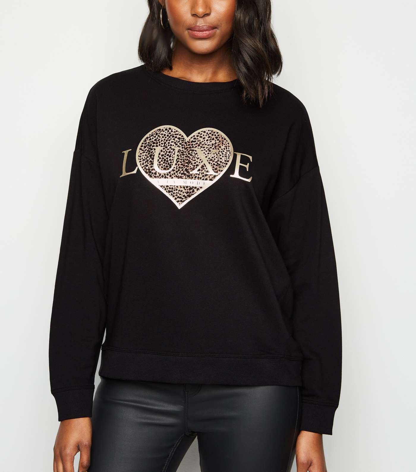 Black Luxe Animal Print Heart Slogan Sweatshirt