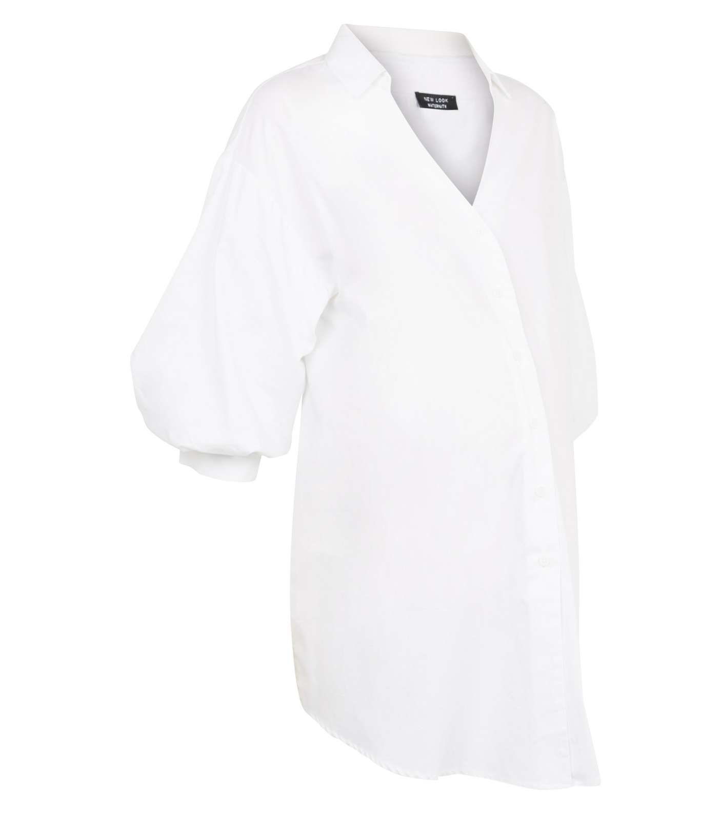 Maternity White Puff Sleeve Long Poplin Shirt Image 4