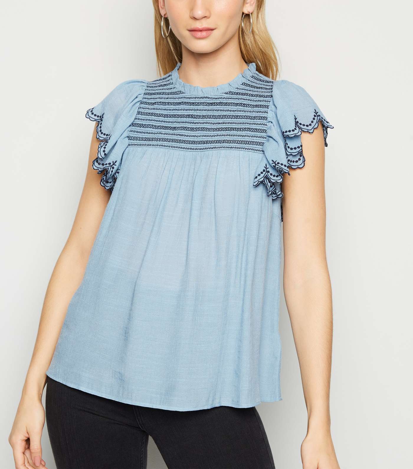 Pale Blue Broderie Ruffle Sleeve Blouse
