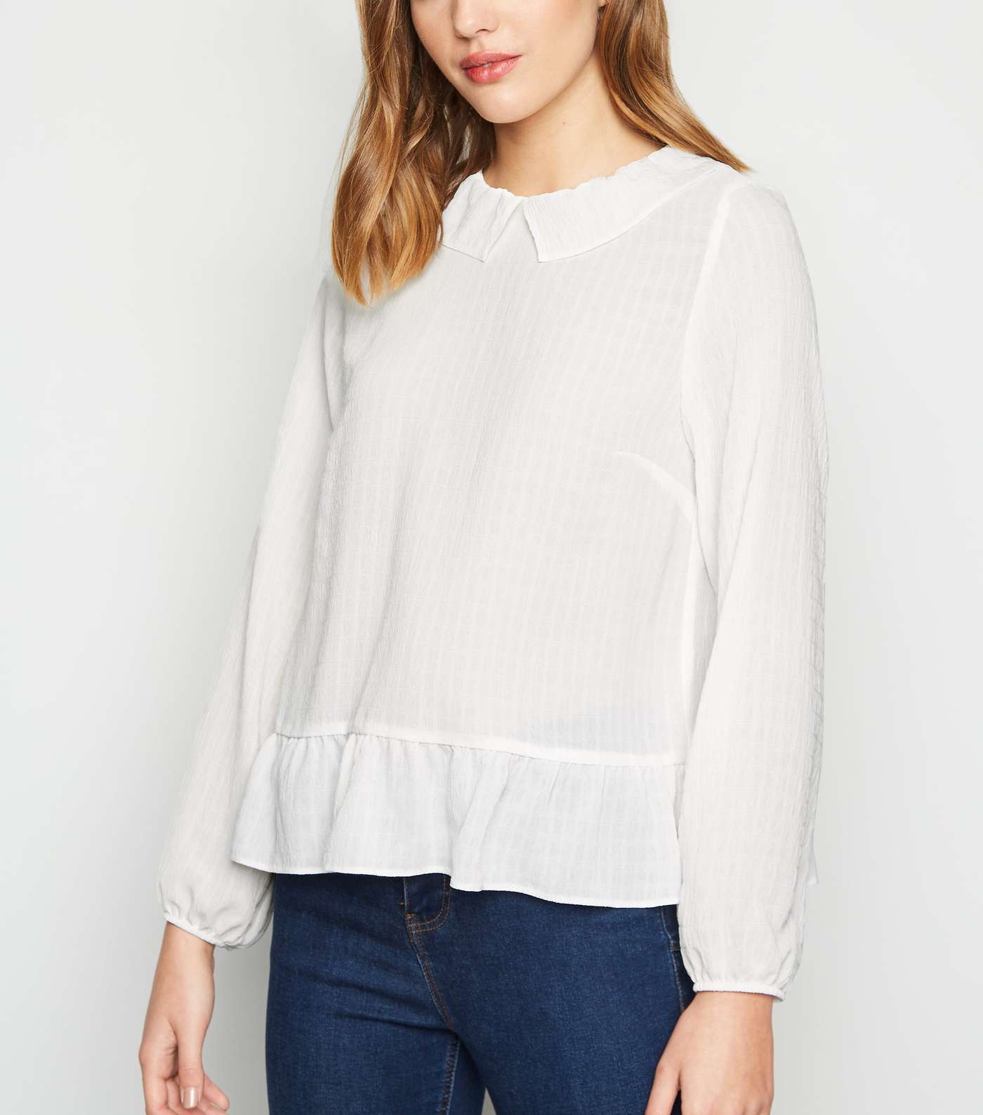 Off White Textured Collared Peplum Blouse