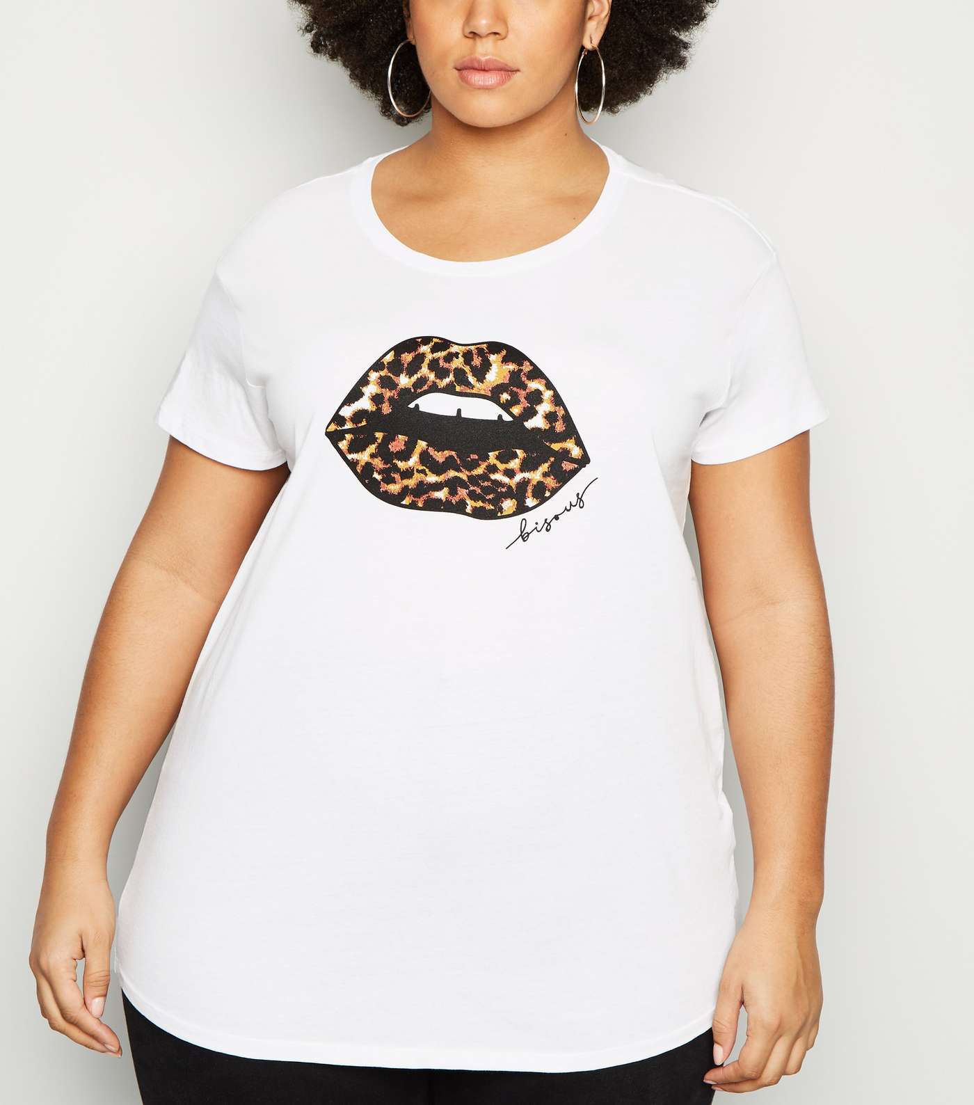 Curves White Leopard Print Lips Slogan T-Shirt