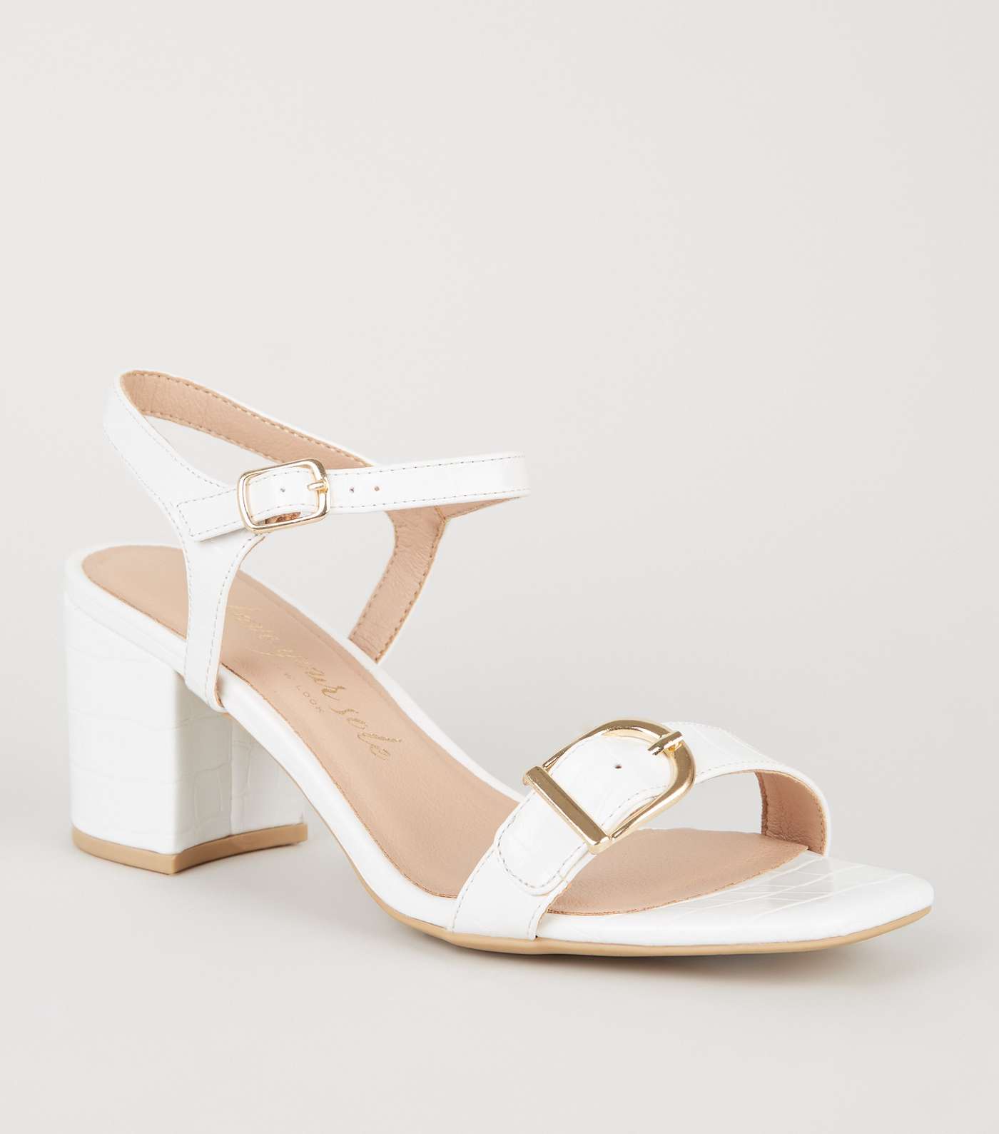 Wide Fit White Faux Croc Buckle Heeled Sandals