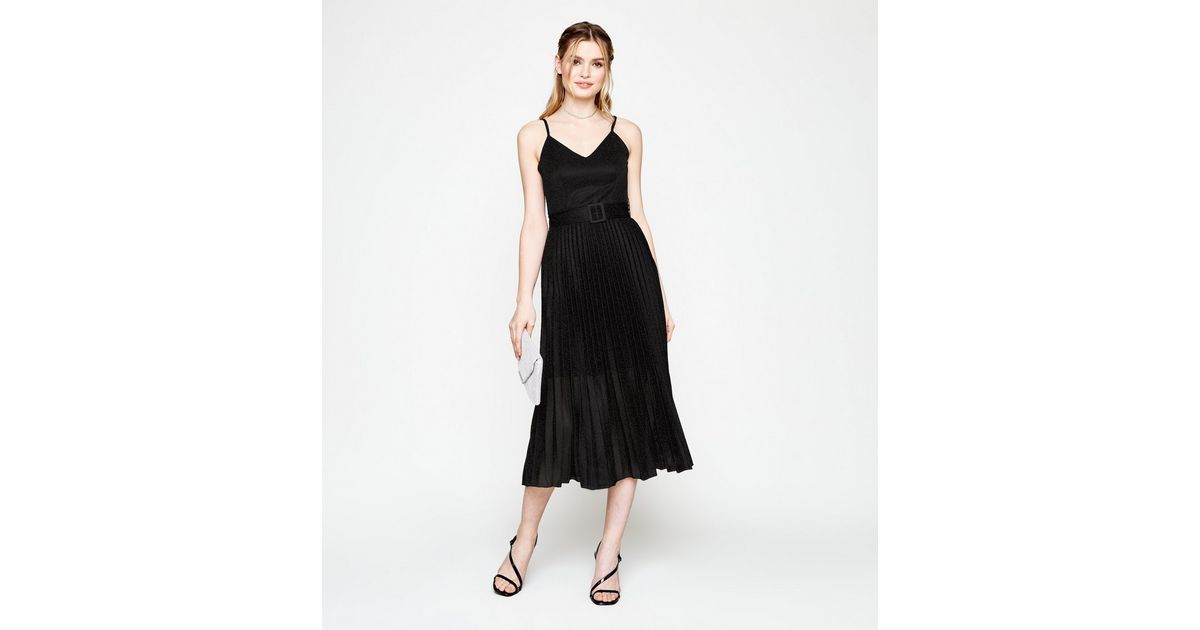 Black Glitter Belted Pleated Midi Dress | New Look