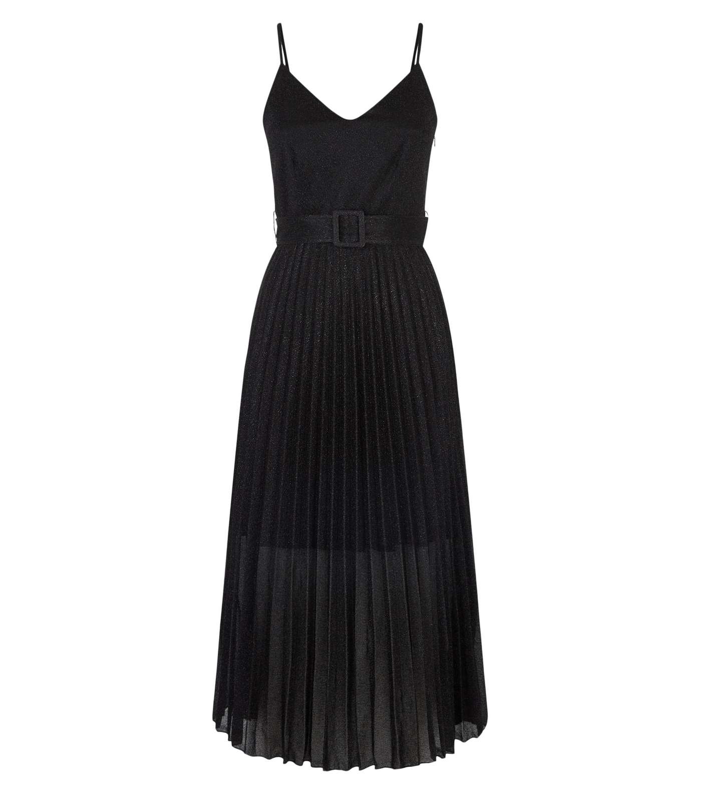 Black Glitter Belted Pleated Midi Dress Image 4