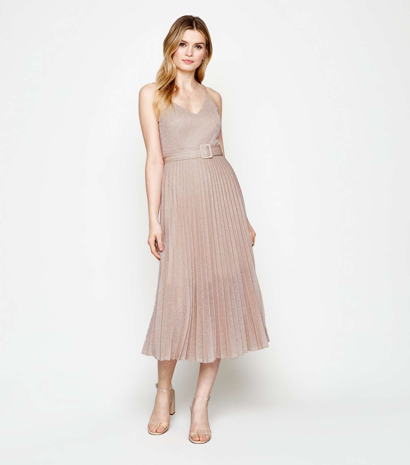 Pale Pink Glitter Belted Pleated Midi Dress