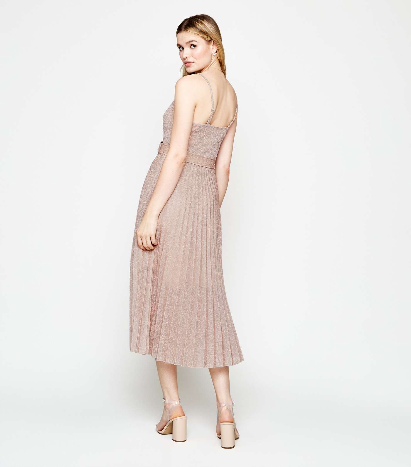 Pale Pink Glitter Belted Pleated Midi Dress Image 3