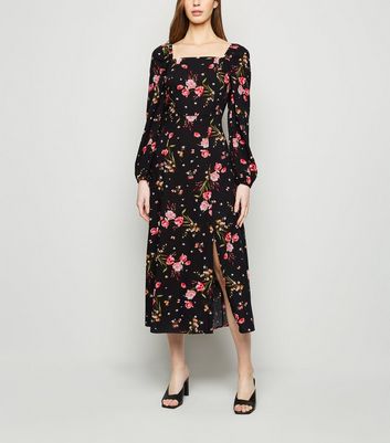 Image of Black Floral Square Neck Long Sleeve Dress New Look