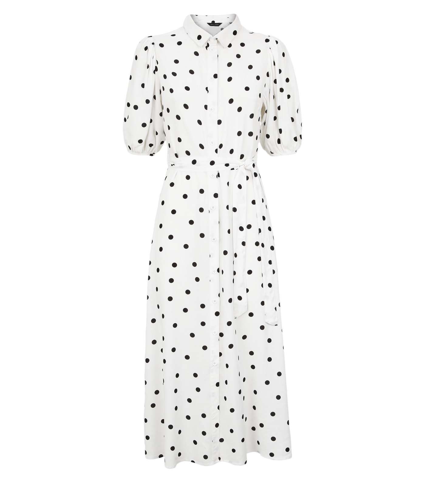 White Spot Puff Sleeve Midi Shirt Dress Image 5