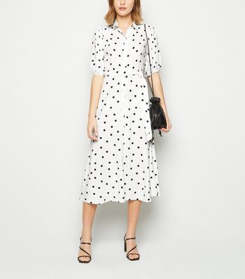 White Spot Puff Sleeve Midi Shirt Dress New Look