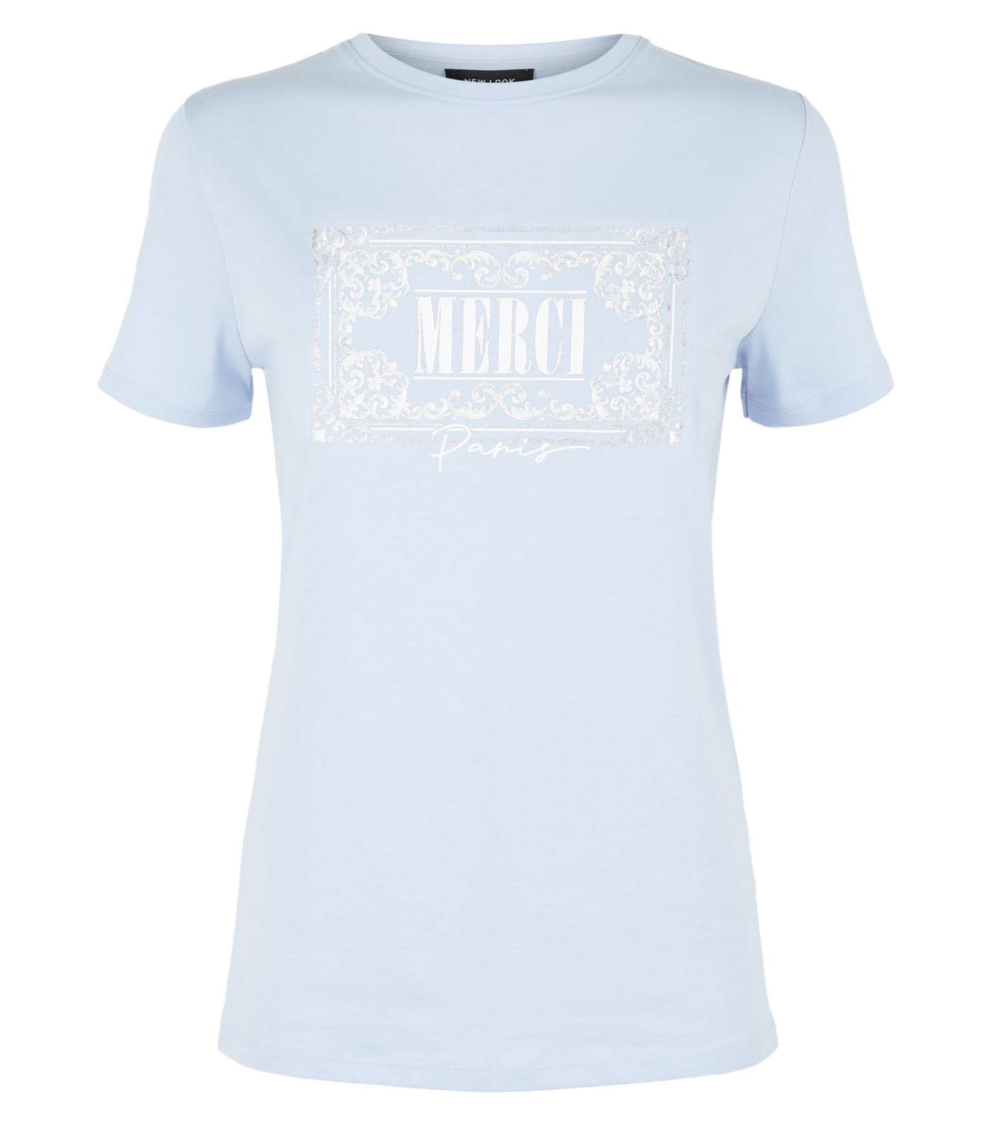 Pale Blue Merci Metallic Slogan T-Shirt Image 4
