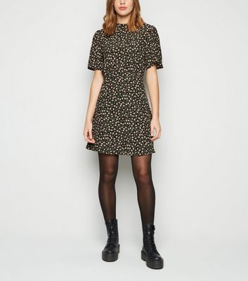 Black Floral High Neck Tea Dress | New Look