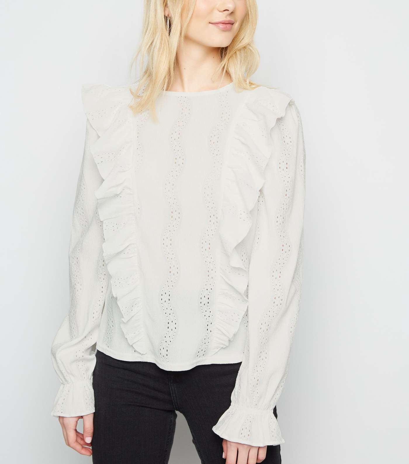 Off White Frill Laser Cut Textured Top 
