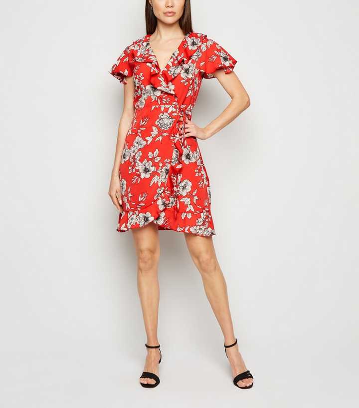 Mela Red Floral Frill Wrap Dress | New Look