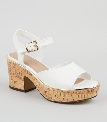 Wide Fit White Leather-Look Cork Block 