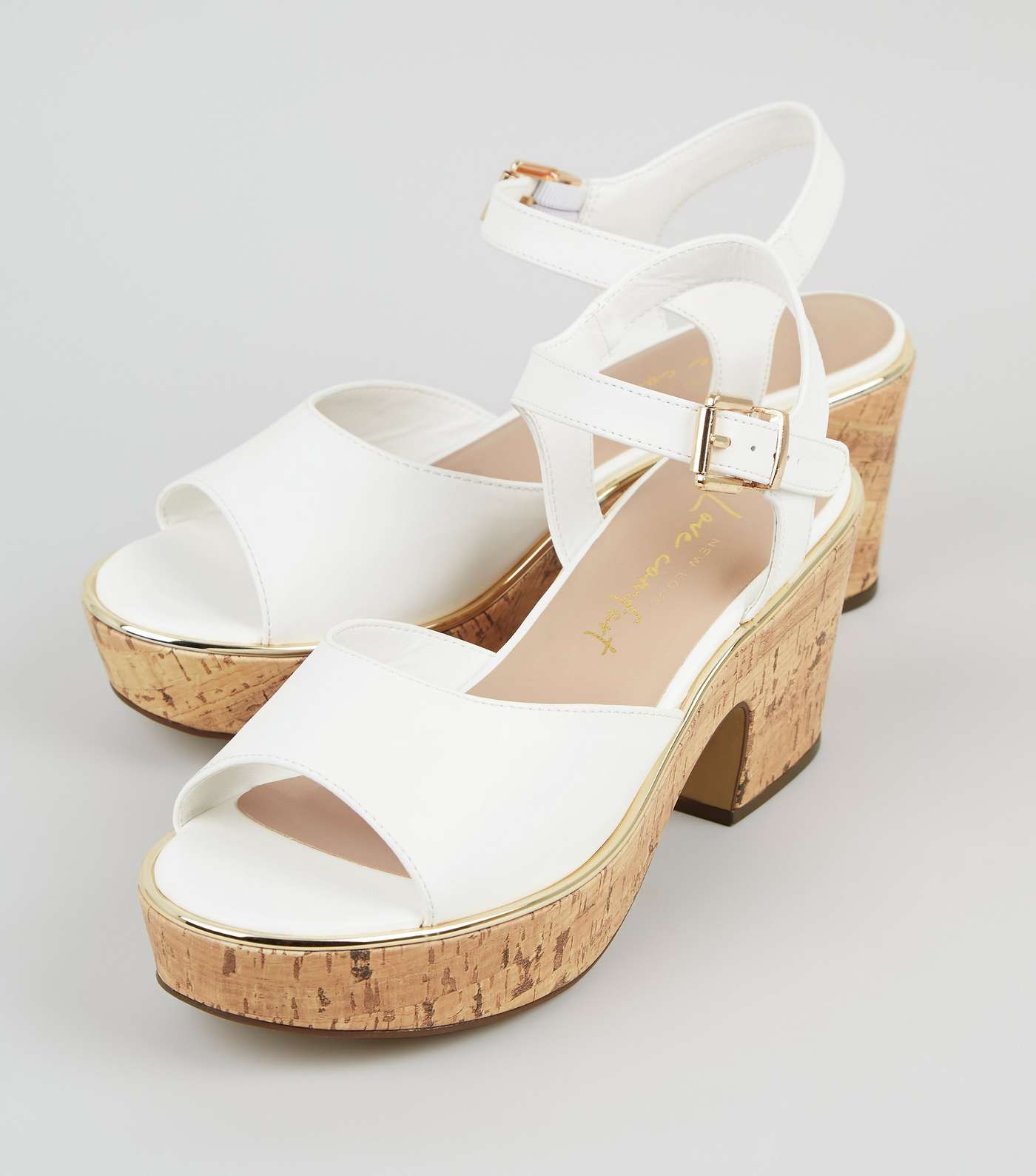 Wide Fit White Leather-Look Cork Block Heel Sandals Image 4