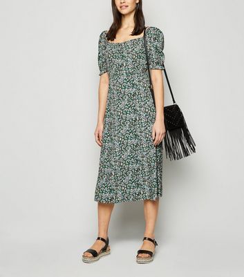 green ditsy floral midi dress