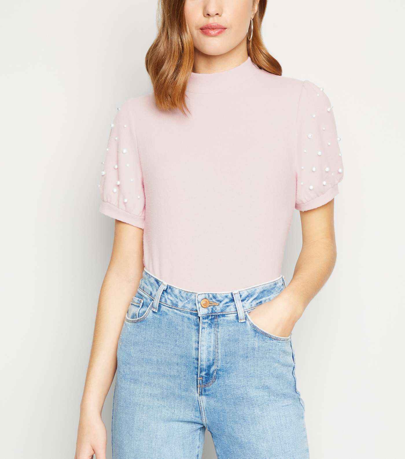 Pale Pink Faux Pearl High Neck T-Shirt
