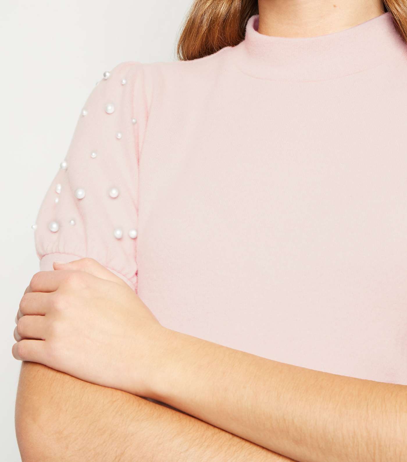 Pale Pink Faux Pearl High Neck T-Shirt Image 5