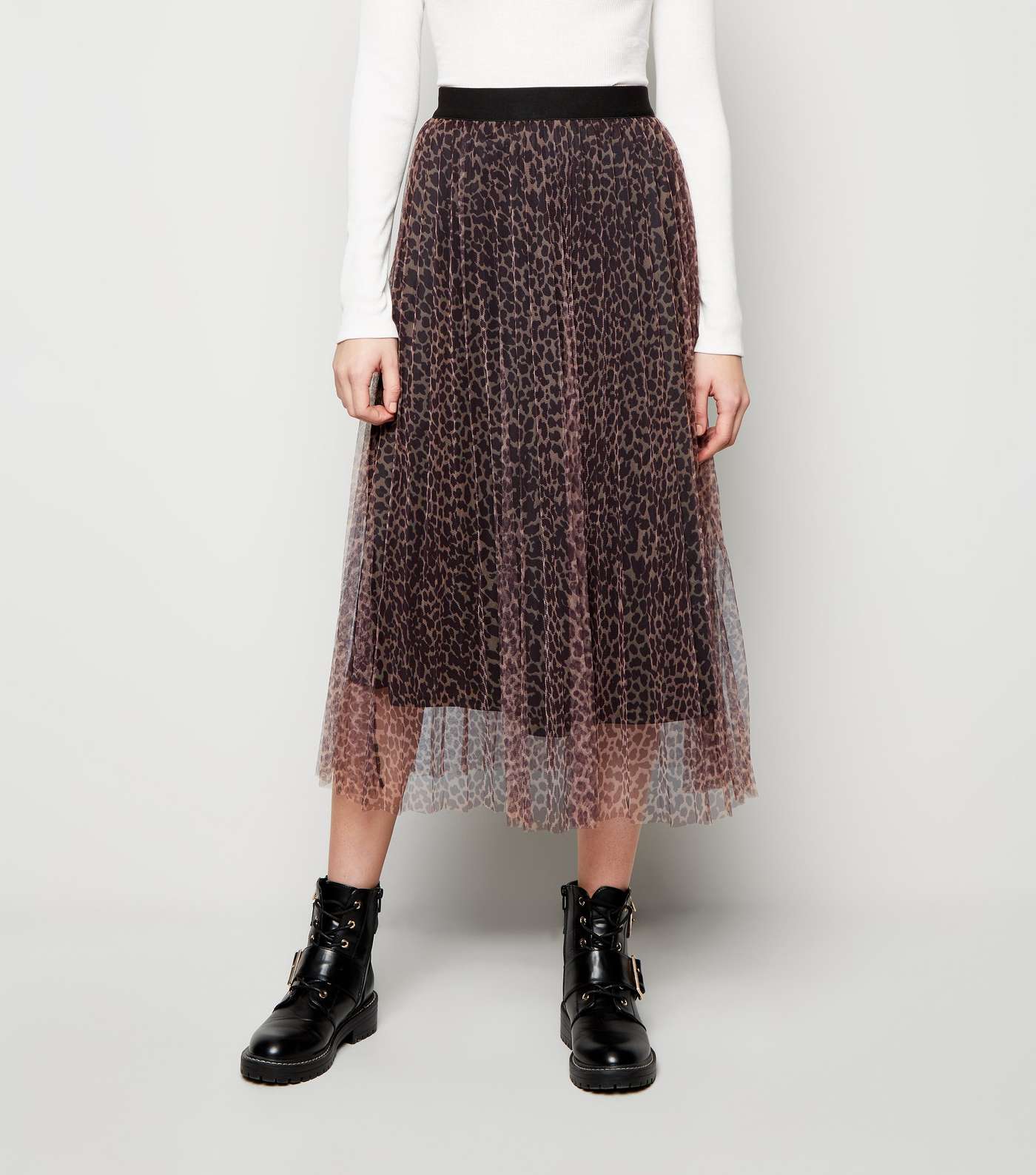 Brown Leopard Print Mesh Pleated Midi Skirt Image 2