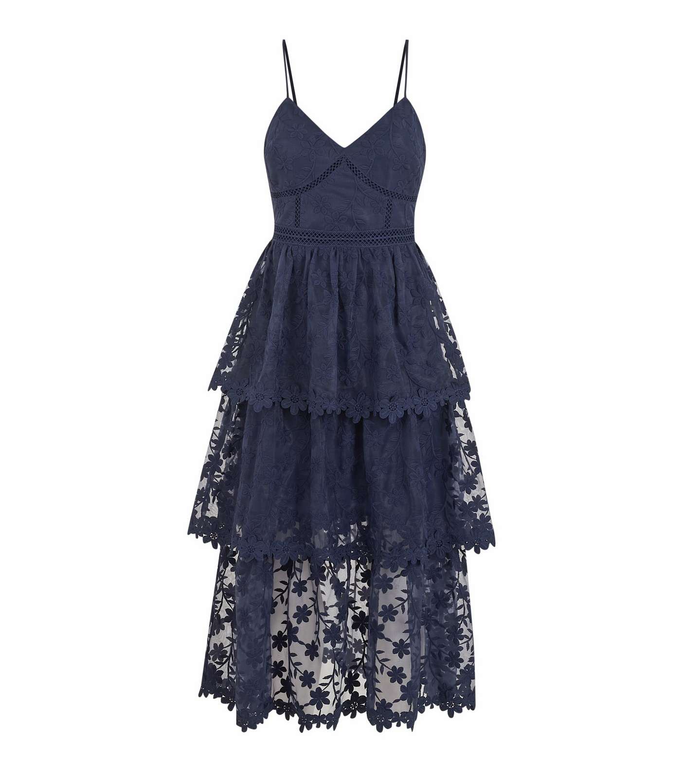 Navy Floral Lace Tiered Maxi Dress 