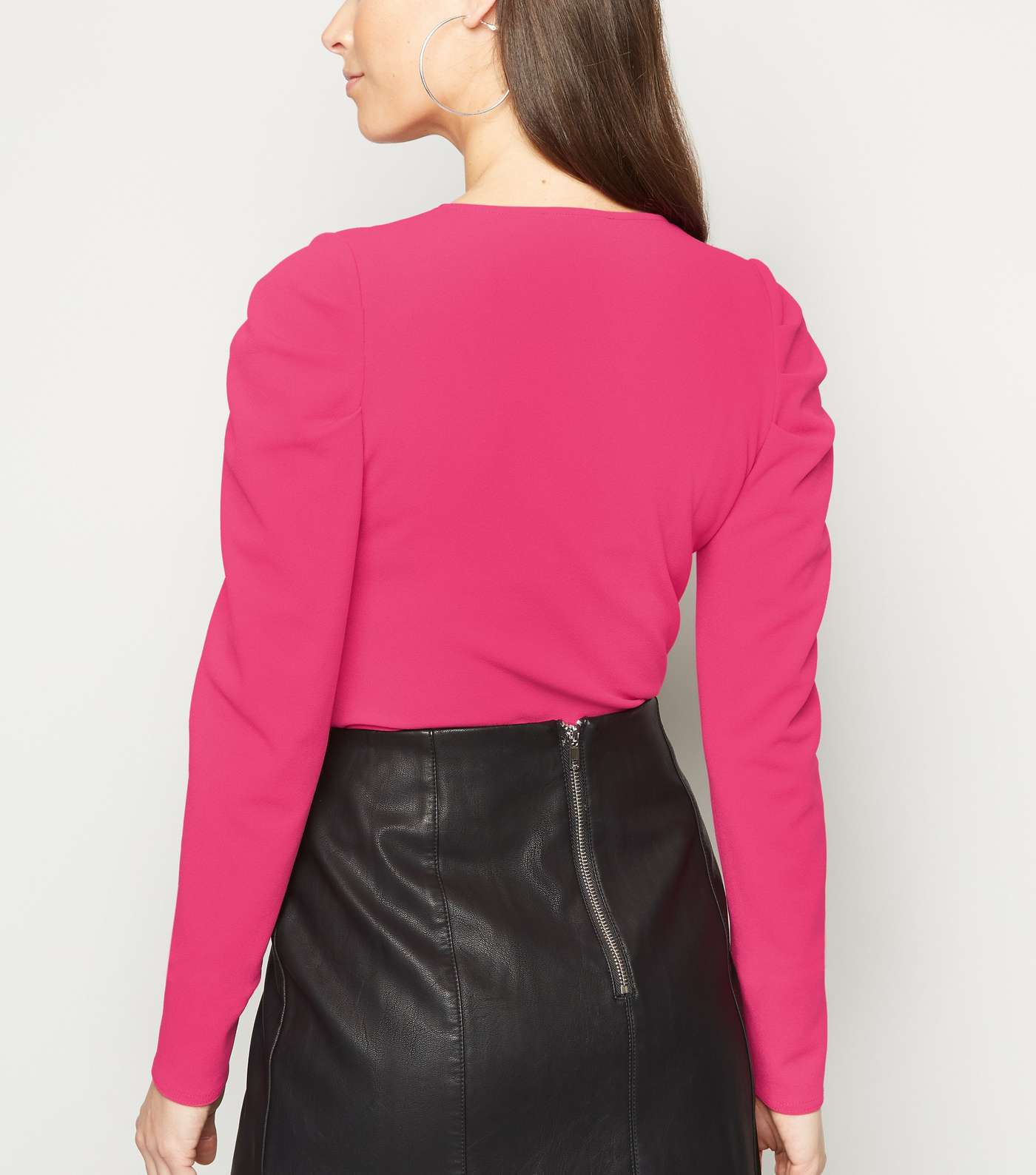 Bright Pink Long Puff Sleeve Wrap Bodysuit Image 3