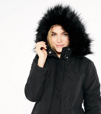 Maternity Black Faux Fur Hooded Parka Coat New Look