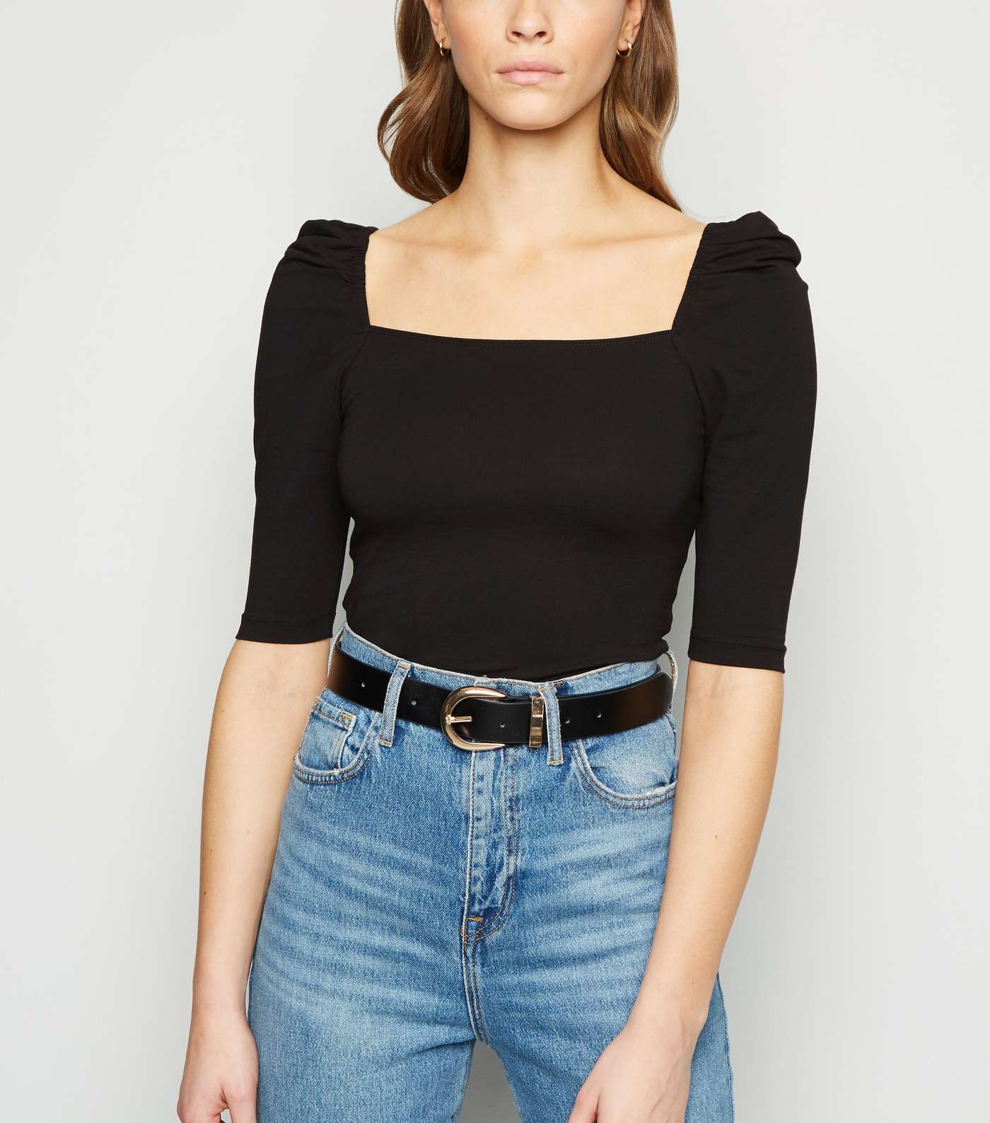 Black Square Neck Puff Sleeve Top