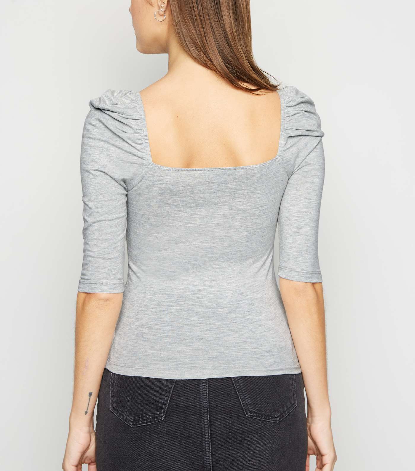Grey Marl Square Neck Puff Sleeve Top Image 3