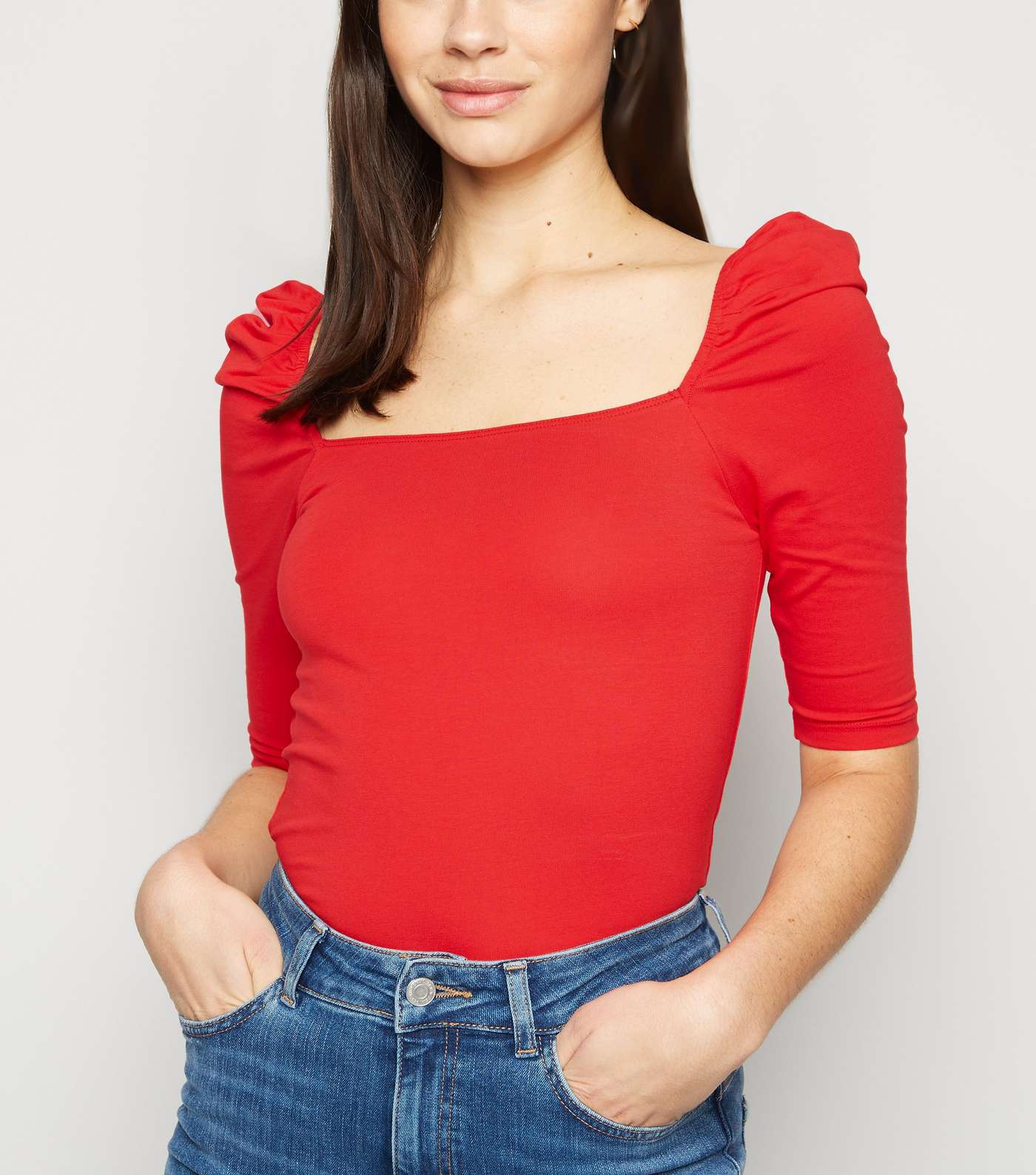 Red Square Neck Puff Sleeve Top