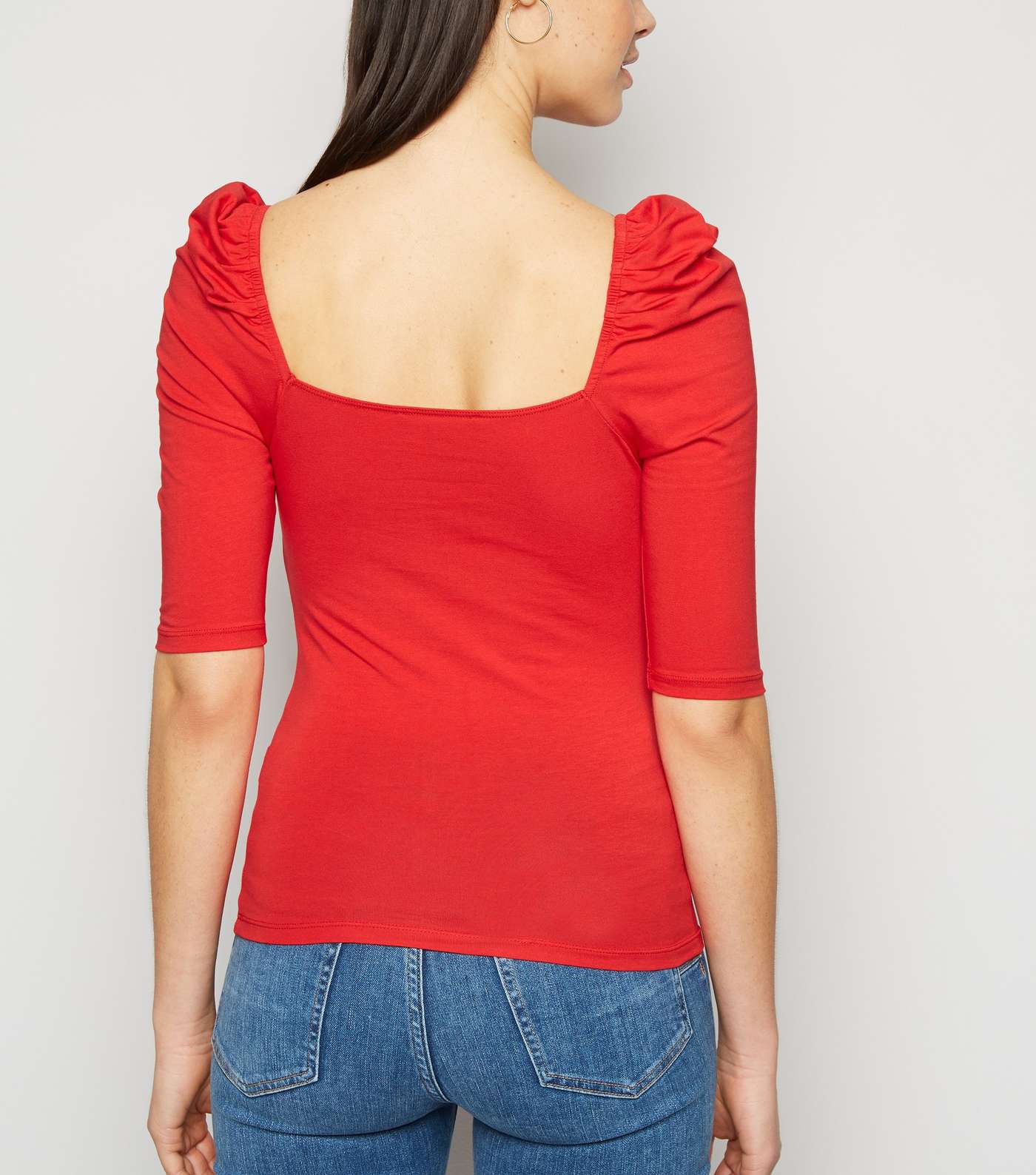 Red Square Neck Puff Sleeve Top Image 3