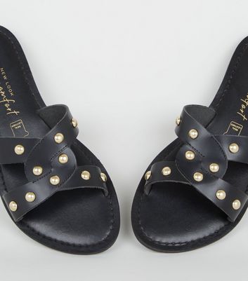 womens black studded sliders